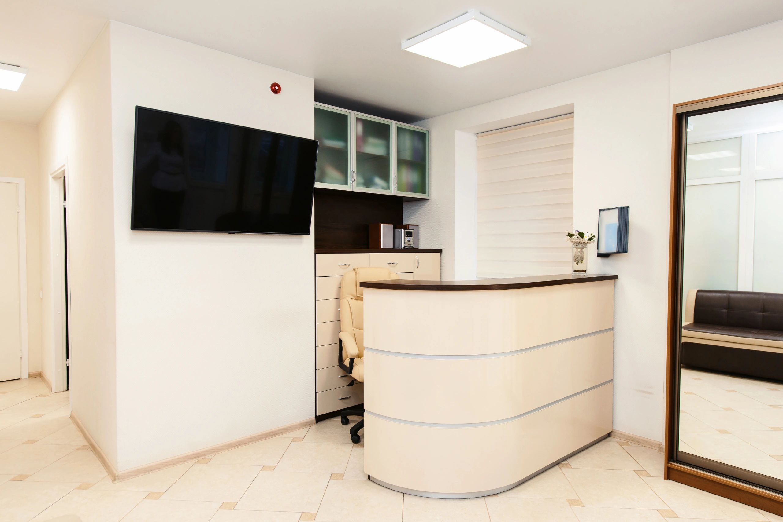 Modern commercial interior with reception furnishings