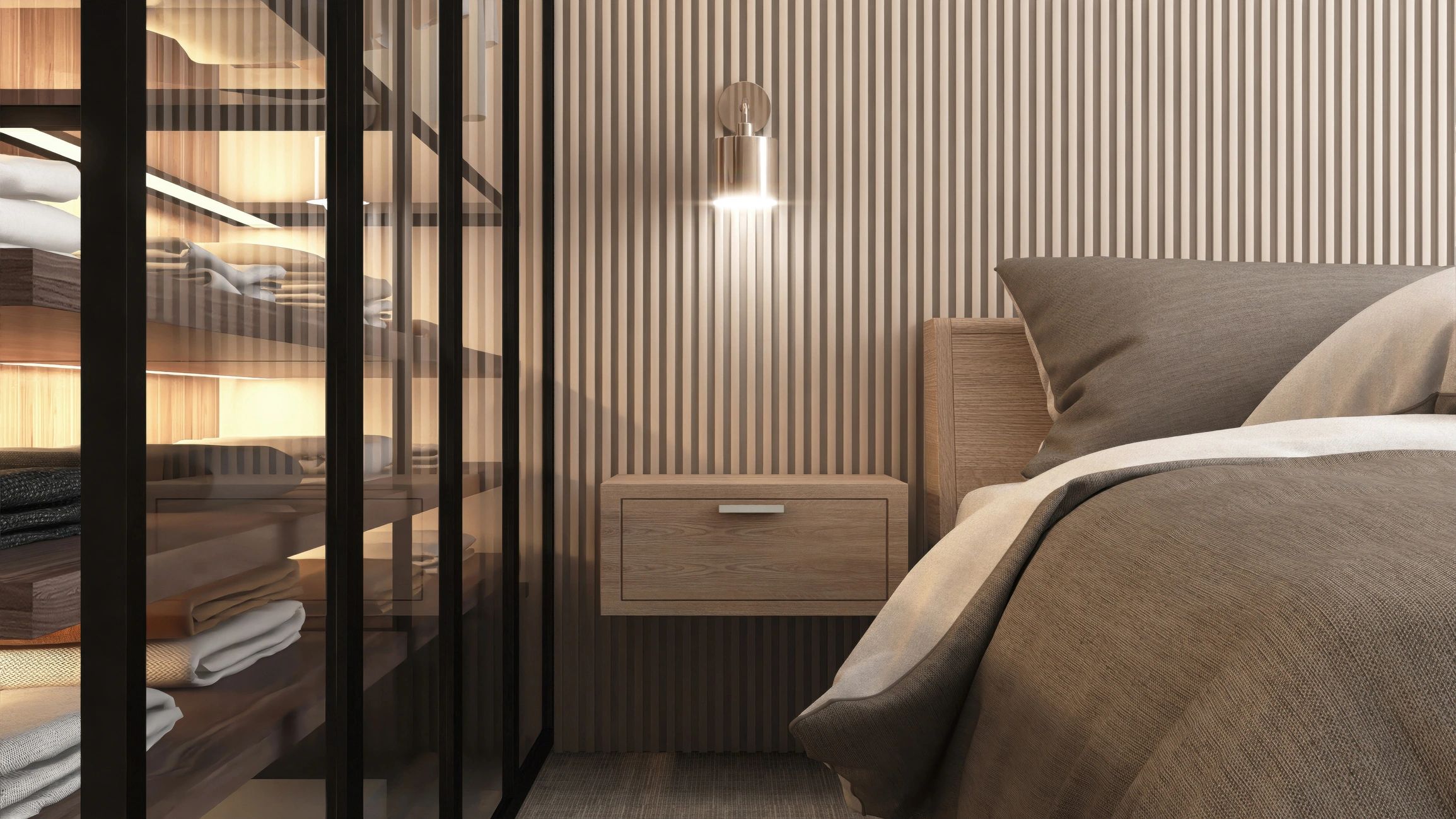 Modern wooden bed with warm interior styling