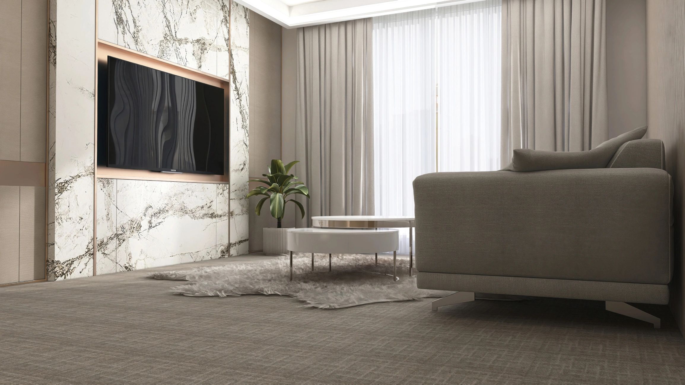 Elegant beige living room with TV wall feature