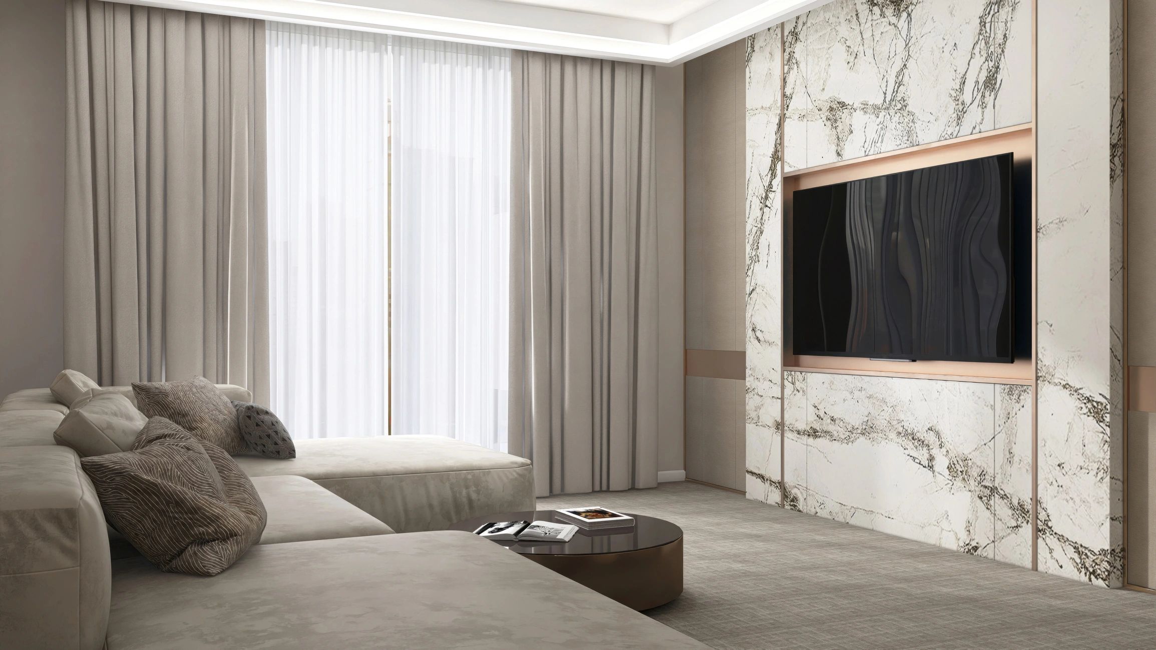 Luxury living room with beige sofa and coffee table