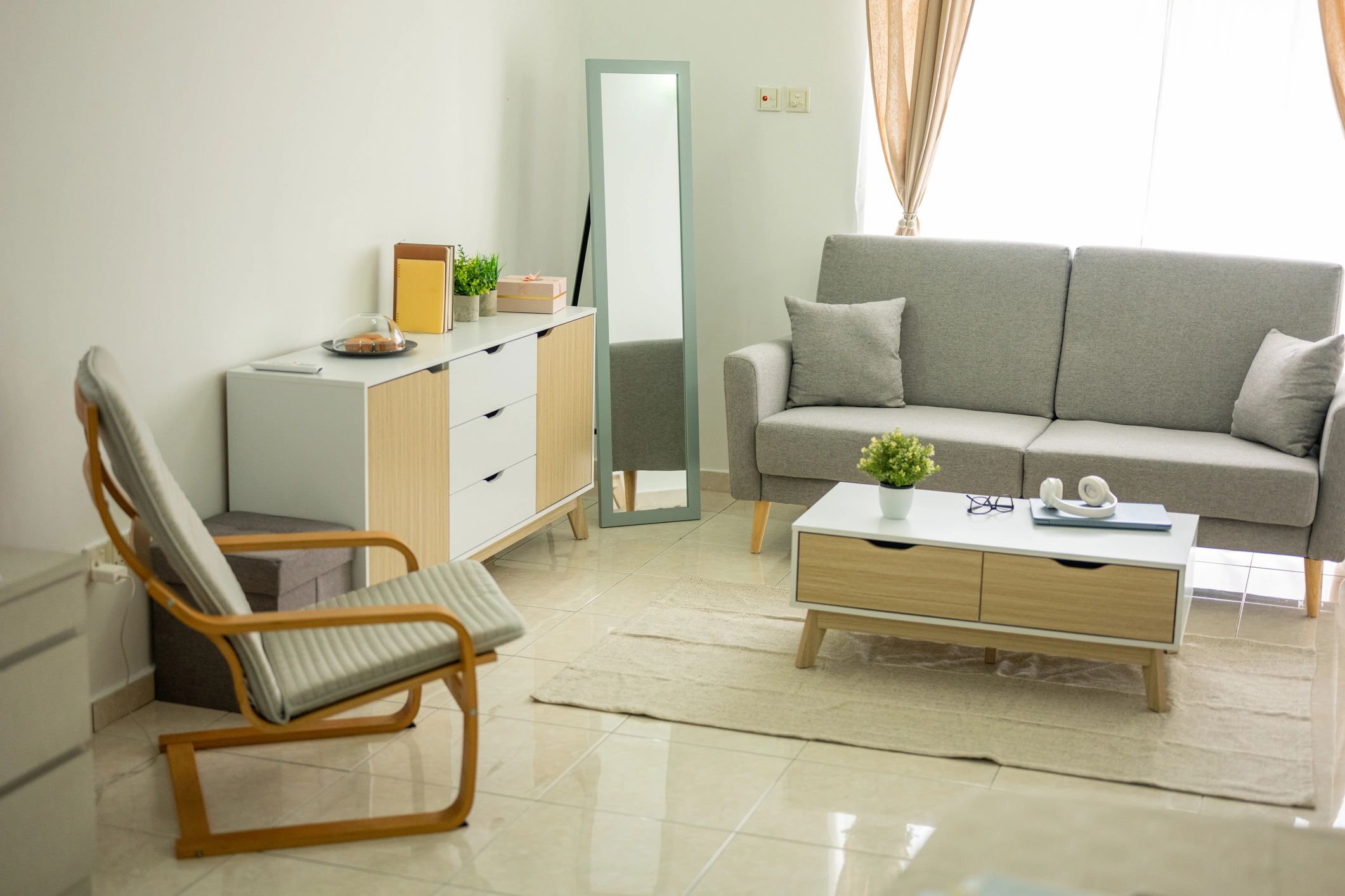 Minimal living room with cabinet and seating