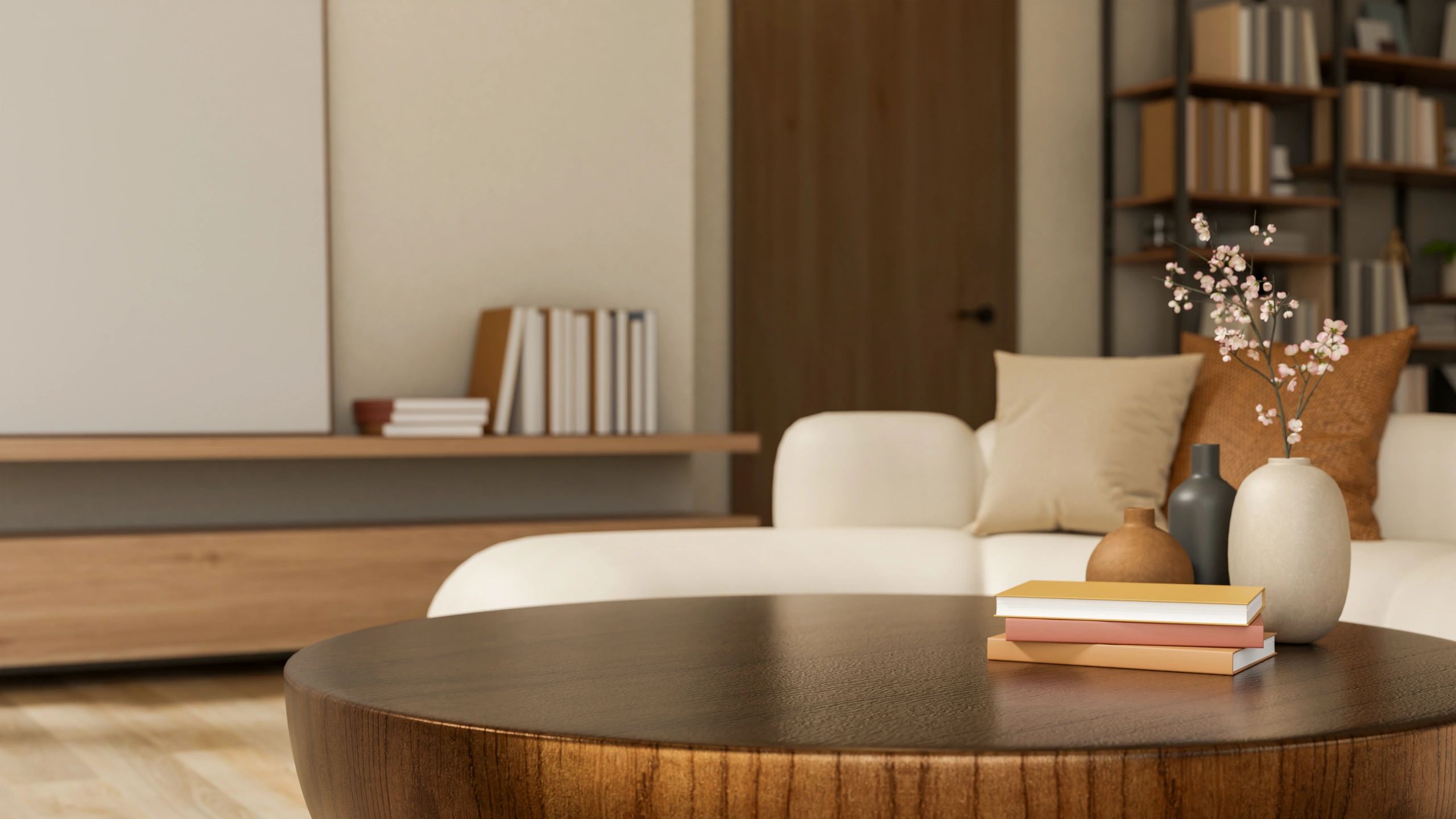 Round wooden coffee table with books and vase in a modern room