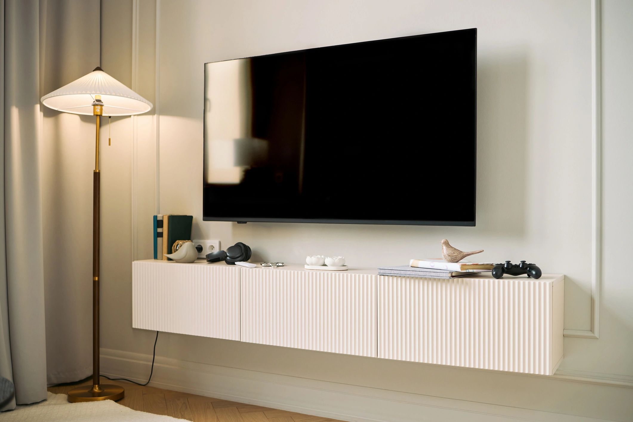 Wall-mounted TV unit in a modern living room