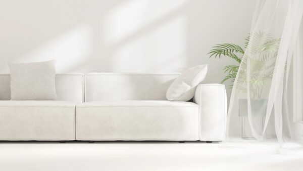 Minimal, luxury living room with white sofa, plant, in sunlight through fluttering sheer curtain window on floor